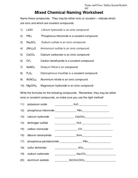 Naming Compounds Worksheet Key