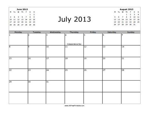 July 2013 Calendar – Free Printable