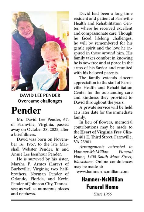 Courier-Record - OBITUARY ANNOUNCEMENT: David Lee Pender, 67