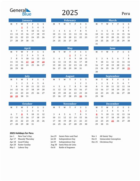 2025 Peru Calendar with Holidays