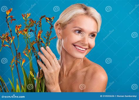 Photo Of Adorable Dreamy Senior Woman Nude Shoulders Enjoying Herbs