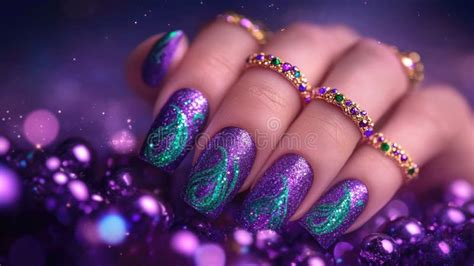 Close-up of Glamorous Purple and Green Glitter Nail Art with Gold Rings