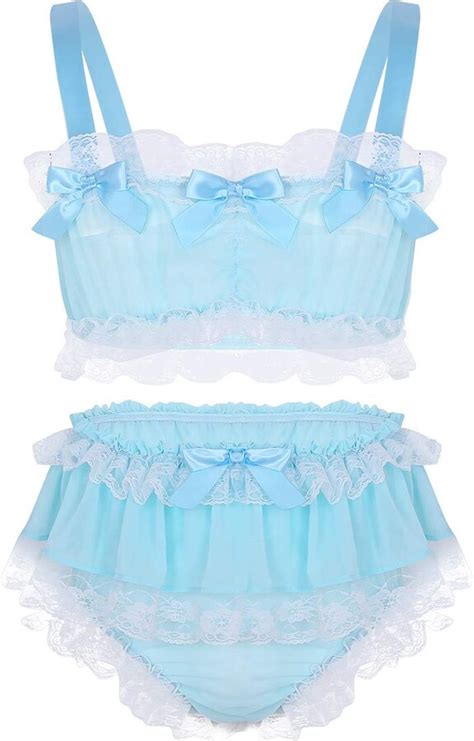 Alvivi Men S Ruffled Lace Frilly Satin Sissy Lingerie Set Sleeveless Crop Top Bloomer Panties