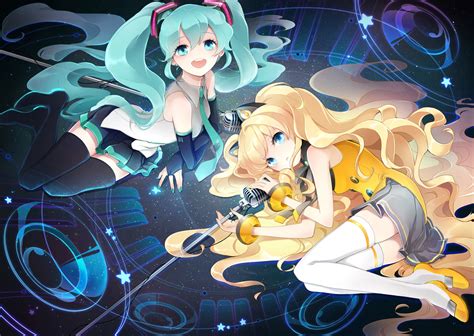 Girls Aqua Hair Bacu Blonde Hair Blue Eyes Hatsune Miku Long Hair Microphone Seeu Skirt