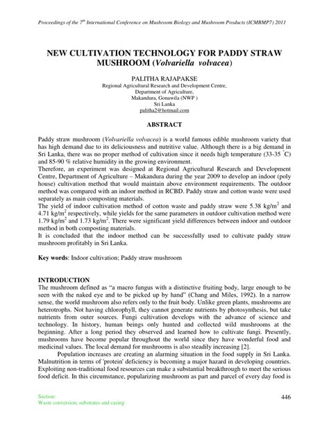 Pdf New Cultivation Technology For Paddy Straw Mushroom Volvariella