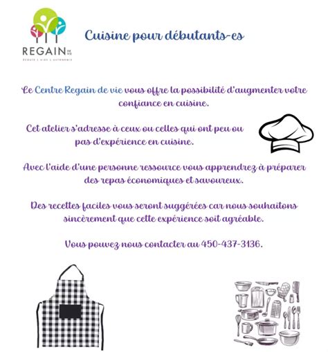 Cuisine pour débutant Vous inscrire Centre regain de vie