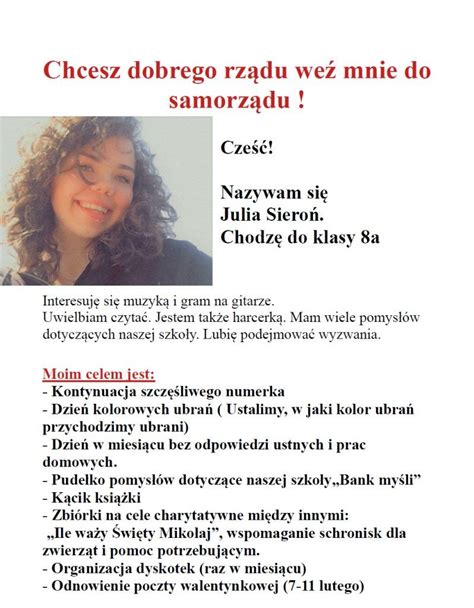 Julia Sieroń kandydatka do Samorządu Uczniowskiego Szkoła