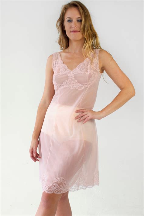 Vintage Lace Slip Dress Pink Sheer Negligee Lingerie Chemise Etsy