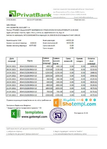 Ukraine PrivatBank Bank Statement Easy To Fill Fake Template In Excel