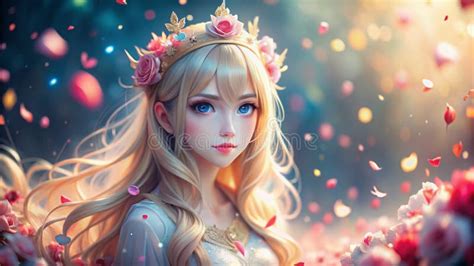 Enchanting Miniature Anime Princess With Blonde Hair Crown And Flower