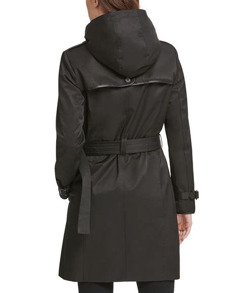 Dkny Belted Faux Leather Trim Hooded Trench Coat Macy S