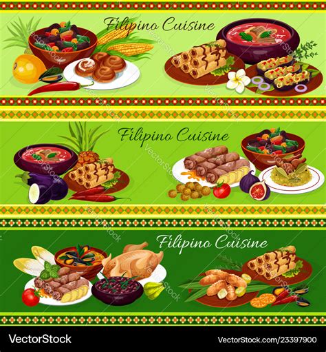 Filipino Meat Dishes With Vegetable Fruit Dessert Vector Image