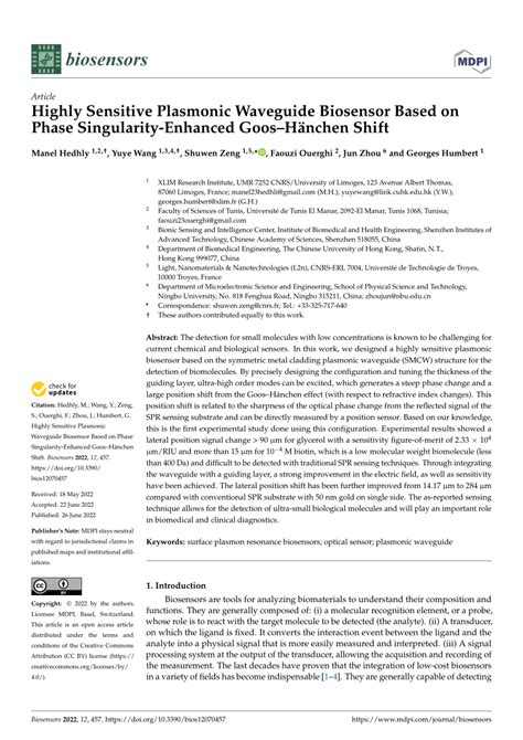 PDF Highly Sensitive Plasmonic Waveguide Biosensor Based On Phase