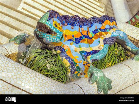 Mosaic Dragon Iguana Lizard Sculpture At The Parc Guell Designed By