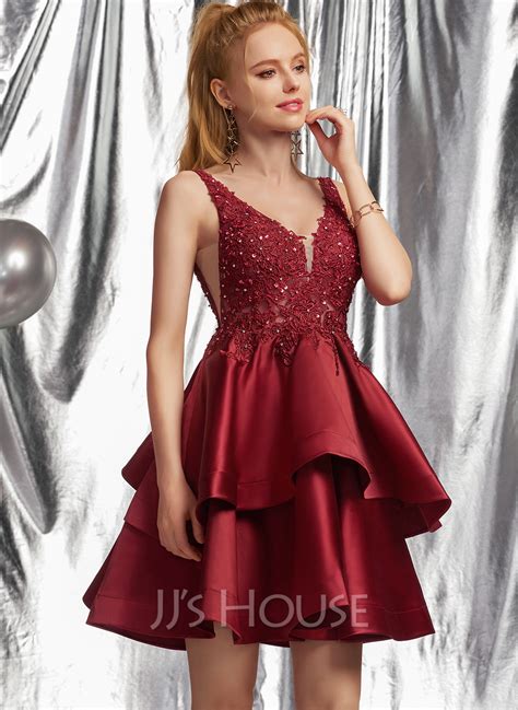 A Line V Neck Short Mini Satin Homecoming Dress With Beading Sequins