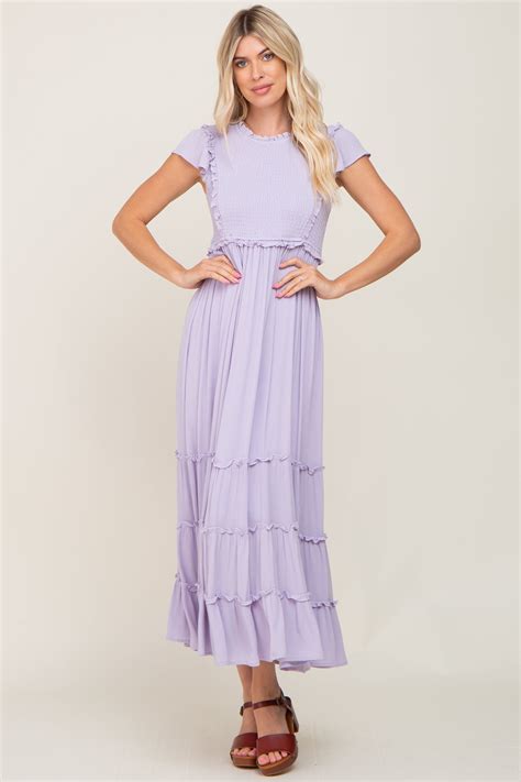 Lavender Smocked Ruffle Accent Tiered Maxi Dress Pinkblush