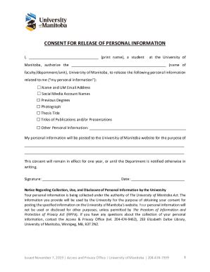 Fillable Online Consent For Release Of Personal Information Consent