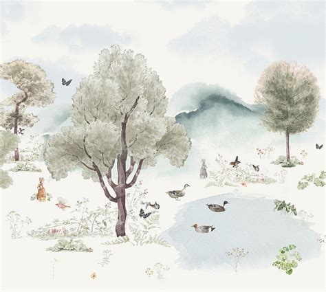 An Artistic Painting With Trees And Birds In The Foreground On A White