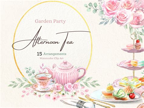 Watercolor Pink Rose Afternoon Tea Clipart Golden Frames - Etsy