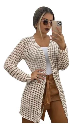 Cardigan Feminino Tricot Kimono Longo Casaco Quadradinho Mercadolivre