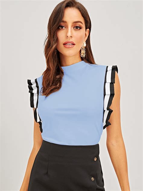 Mock Neck Pleated Ruffle Armhole Top Shein Usa