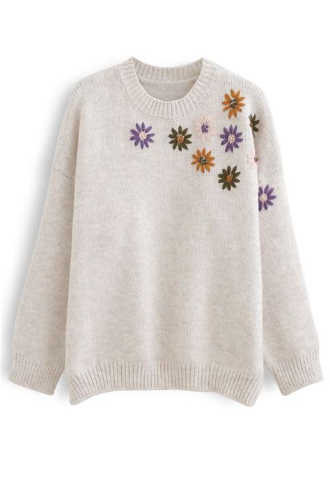 Crew Neck Floral Embroidered Knit Sweater In Ivory Retro Indie And Unique Fashion