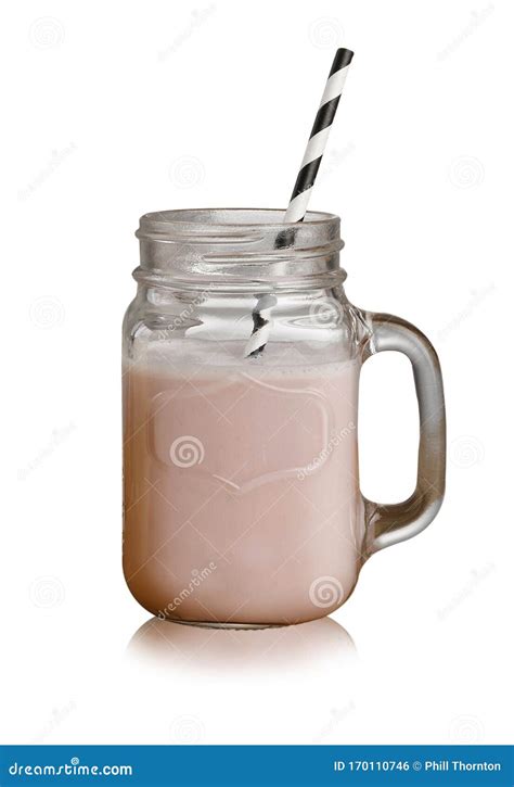 Batido Individual De Fresa En Un Vaso De Mason Jar Con Paja De Papel