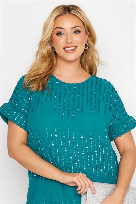 Plus Size Luxe Teal Blue Sequin Hand Embellished Top Yours Clothing