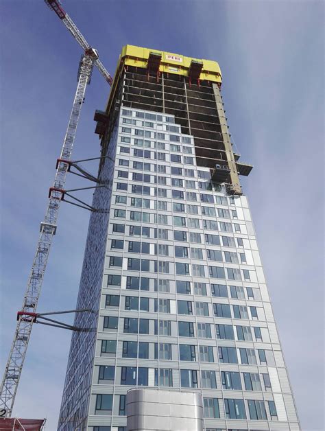 Skyscraper under construction in Helsinki, Finland, as seen from the roof of the mall next door ...