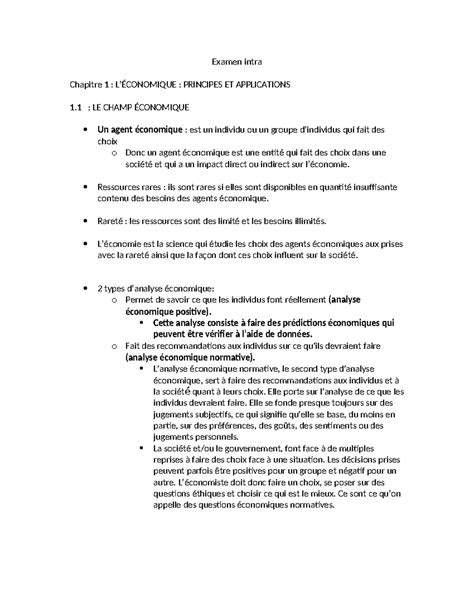 Examen intra économie Examen intra Chapitre 1 LÉCONOMIQUE