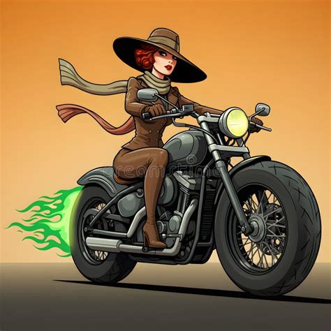 Fearless Biker Babe A Thrilling Ride Through The Flames AI Generated Stock Illustration