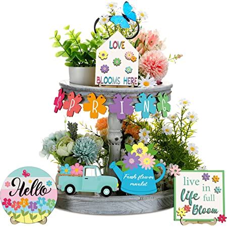 Amazon Bucherry Hello Spring Tiered Tray Decor Tulips Table Wooden