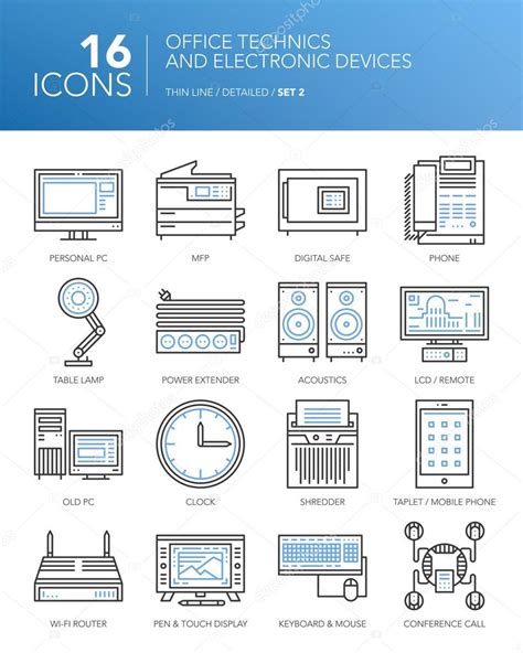 Iconos de línea delgada detallada Técnicas de oficina y dispositivos