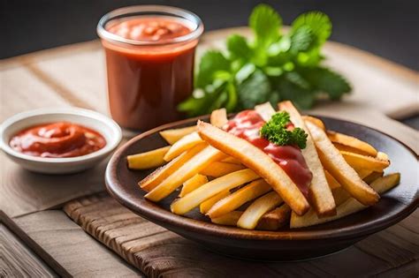 Premium Photo | A plate of french fries with ketchup and ketchup.