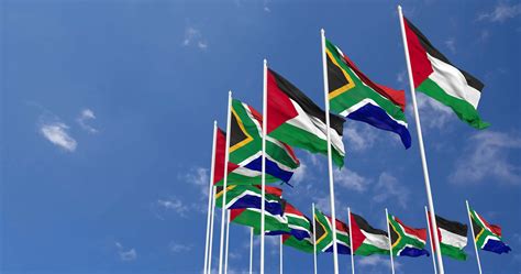 South Africa and Palestine Flags Waving Together in the Sky, Seamless ...