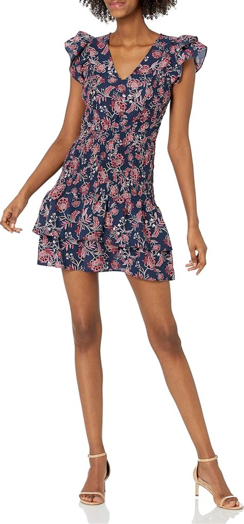 Sugar Lips Womens Aurora Floral Smocked Ruffle Mini Dress Casual Navy