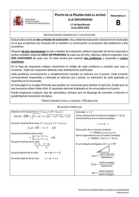 Examen de la nueva selectividad de Matemáticas modelo B PDF