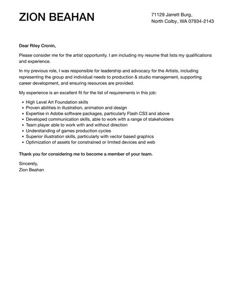 Artist Cover Letter Examples Roslindelpida