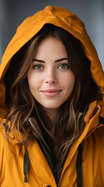 Premium Photo Portrait Of A Young Woman In A Yellow Raincoat