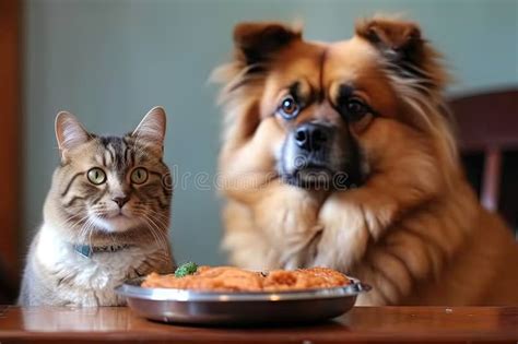 Funny Scene of Dog Eating Human Food, and Cat Looking on in Disapproval ...