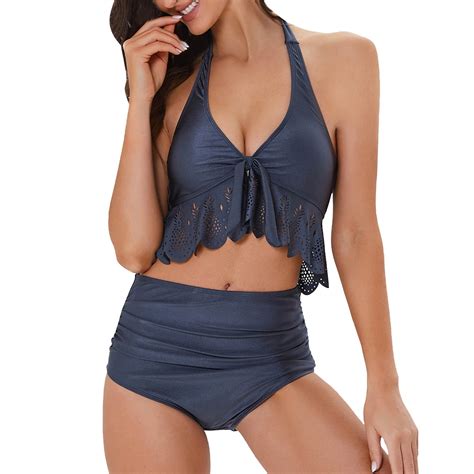 Sngxgn Women Two Piece Scoop Neck Bikini Crop Top High Cut Swimsuit