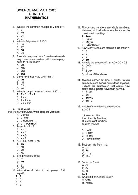 Quiz Bee Mathematics Quiz Bee Science And Math Quiz Bee