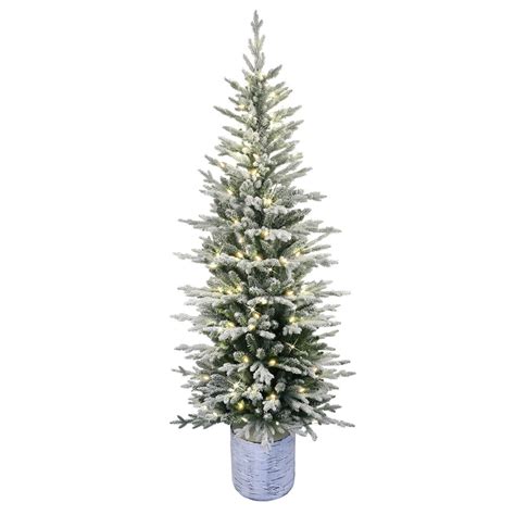 Puleo International 75 Pre Lit Potted Flocked Arctic Fir Pencil Artificial Christmas Tree With