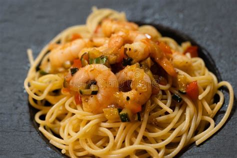 Pasta with prawns stock image. Image of dinner, european - 266200313