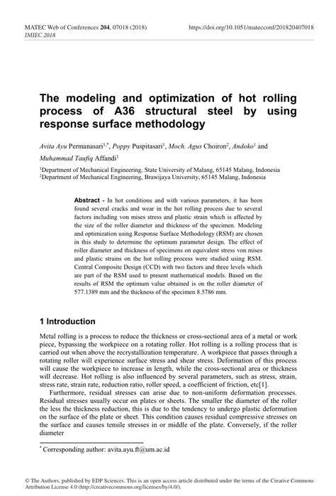 PDF The Modeling And Optimization Of Hot Rolling Process Of A Structural Steel By Using