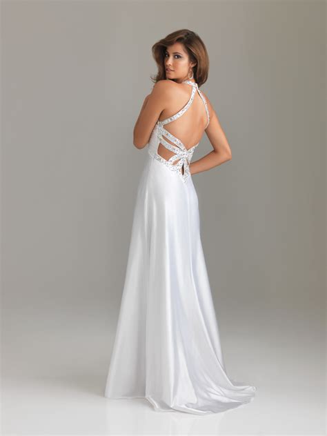 White A Line Halter And V Neck Open Back Beading Full Length Chiffon