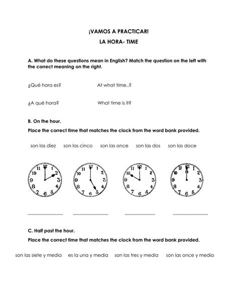 Qué Hora Es Telling Time in Spanish Worksheet Worksheets Library