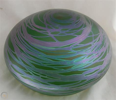 Bohemian Art Glass Shade And Brass Rim A Green Base With Slightly Raised Purple Ribbon Shape