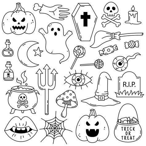 Premium Vector Halloween Doodle Set Isolated On A White Background Black And White Line Art