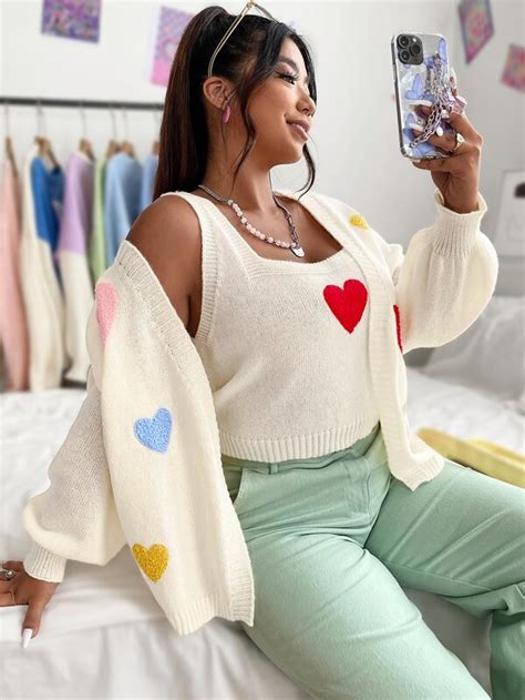 SHEIN Qutie Plus Heart Pattern Drop Shoulder Duster Cardigan Knit Top